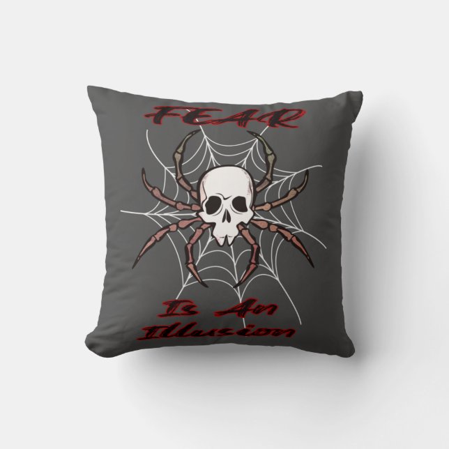 Fear Is An Illusion - Creepy Skull Spider Throw Pillow (Front)