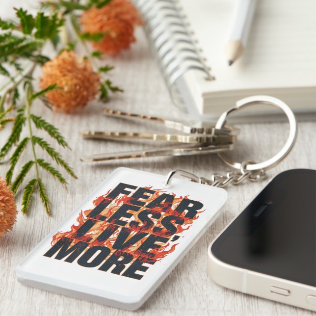 "Fear Less, Live More" Inspirational Quote Keychain (Front Right)