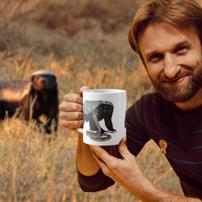 Fearless Badass Honey Badger a attacking Cobra Art Coffee Mug (Honey badger verses snake illustration coffee mug badass crazy wild animal art)