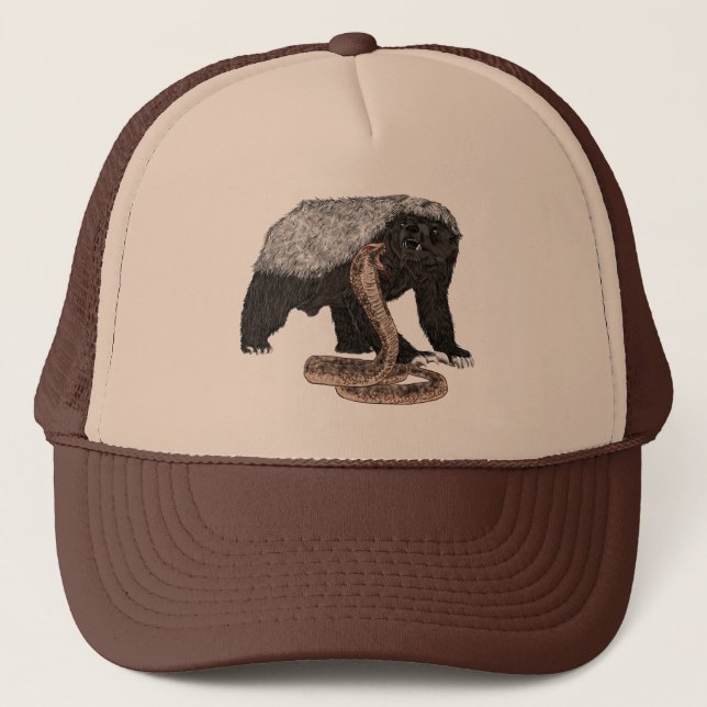 Fearless Badass Honey Badger a attacking Cobra Art Trucker Hat (Front)