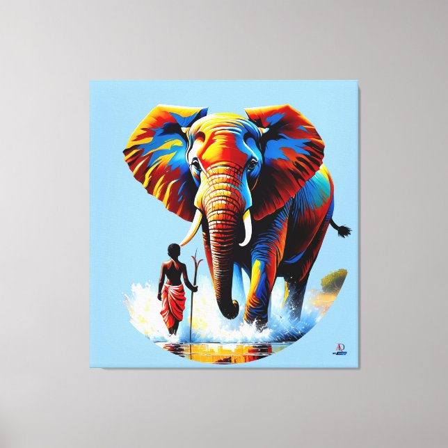 Fearless boy meets elephant bulls canvas print (Front)