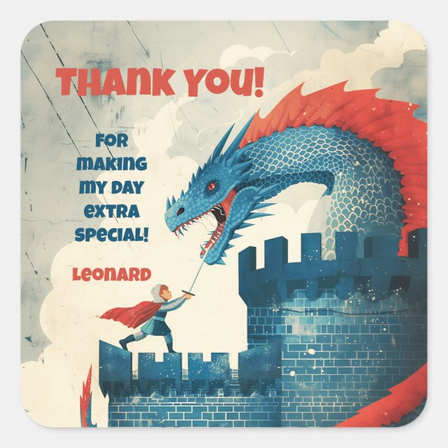 Fearless Knight and Dragon Birthday Party  Square Sticker (Front)