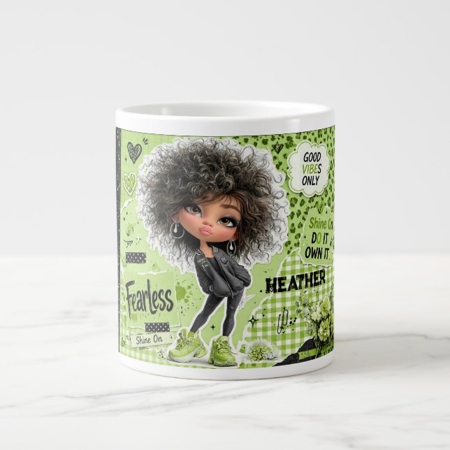 Fearless Lime Green Afro Girl Personalized Mug (Front)