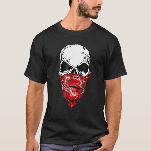 Fearless Skeleton Skull Head Red Bandana Face Mask T-Shirt (Front)