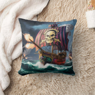Fearsome Pirate Ship Battles on Stormy Seas Throw Pillow