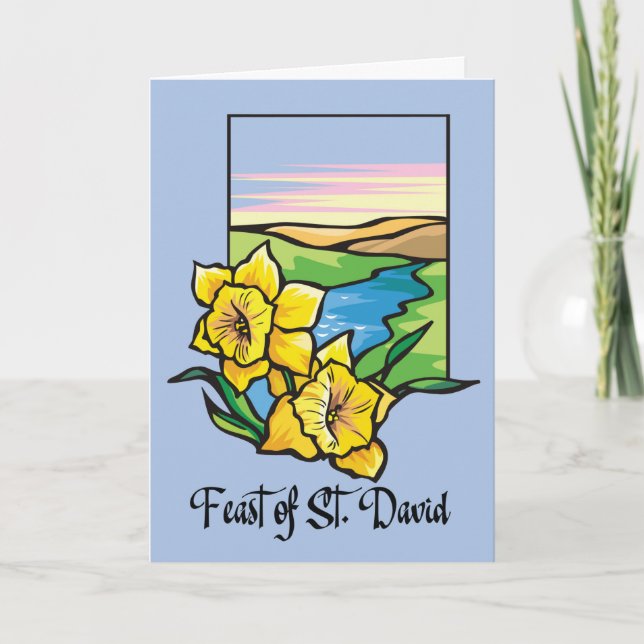 Feast of St. David Daffodils With Outdoor on Blue Card (Front)