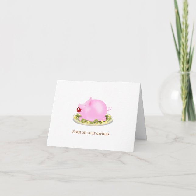 "Feast on your savings" Piggy Bank on Plate  Note Card (Front)