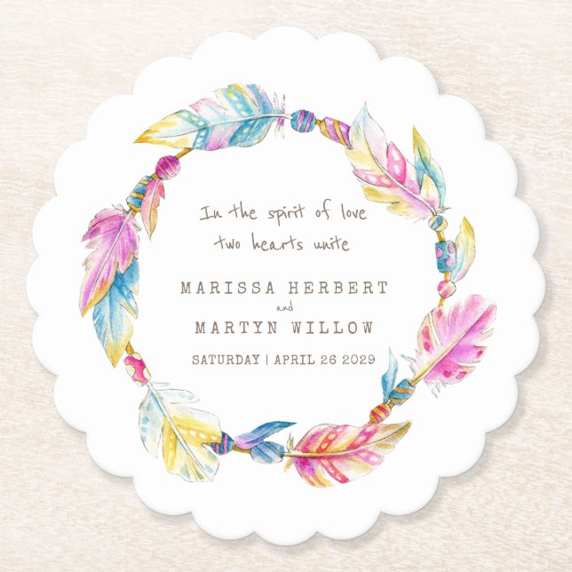 Feather and beads wreath boho wedding coasters (Front)