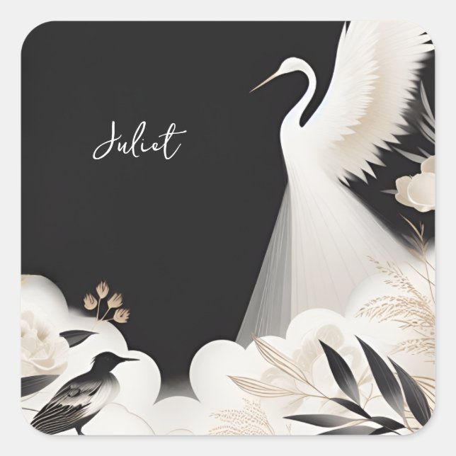 Feather Asian Sky Cloud Crane Fun Bridal Shower Square Sticker (Front)