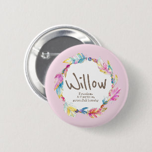 Feather bead watercolor name meaning willow pink 2 inch round button