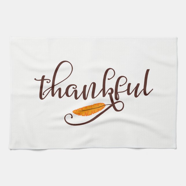 Feather Boho Native Thankful Typography Kitchen Towel (Horizontal)