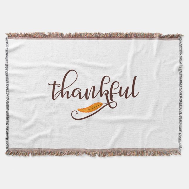 Feather Boho Native Thankful Typography Throw Blanket (Front)