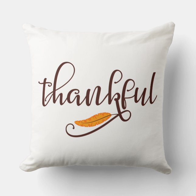 Feather Boho Native Thankful Typography Throw Pillow (Front)