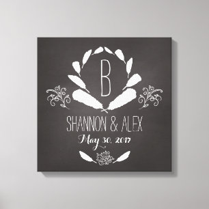 Feather Chalkboard Monogram Wedding Date Canvas Print
