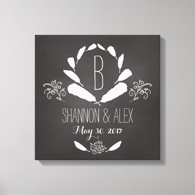 Feather Chalkboard Monogram Wedding Date Canvas Print (Front)