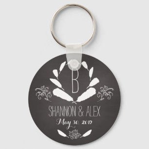 Feather Chalkboard Monogram Wedding Date Keychain