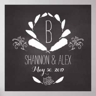 Feather Chalkboard Monogram Wedding Date Poster