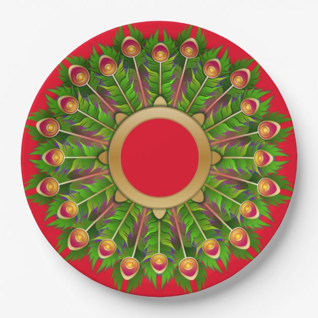 Feather Christmas Wreath Paper Plate (Front)