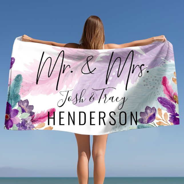 Feather & Flowers Mr and Mrs Personalized Wedding  Beach Towel (Feather & Flowers Mr and Mrs Personalized Wedding Beach Towel)