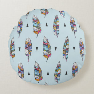 Feather hand drawn vintage pattern. Seamless boho Round Pillow