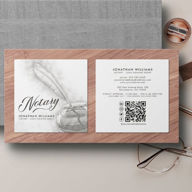 Feather Ink Pen Elegant Notary Public  Square Business Card (Creator Uploaded)