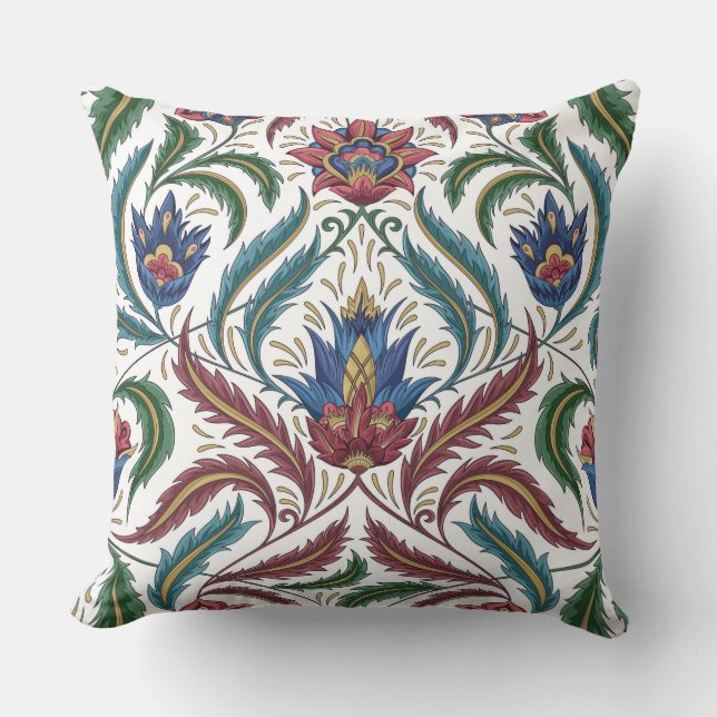 Feather Leaves Floral Faux Tapestry Red Blue Green Throw Pillow (Front)