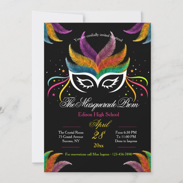 Feather Mask Masquerade Prom Invitation (Front)