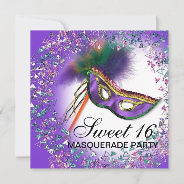 Feather Mask Purple Sweet 16 Masquerade Party Invitation (Front)