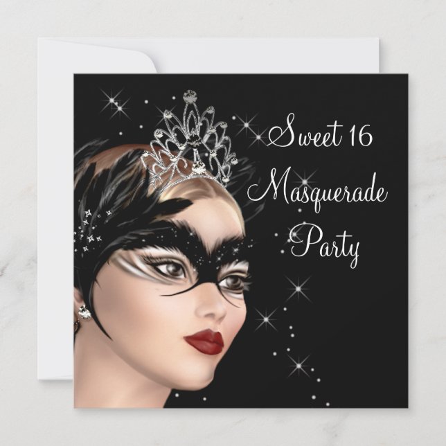 Feather Mask Tiara Sweet 16 Masquerade Party Invitation (Front)