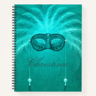 Feather masquerade mask art deco teal white notebook