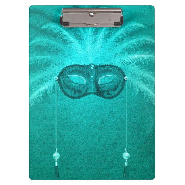 Feather masquerade mask elegant vintage teal clipboard (Front)