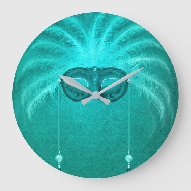 Feather masquerade mask elegant vintage teal large clock (Front)