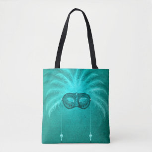 Feather masquerade mask elegant vintage teal tote bag