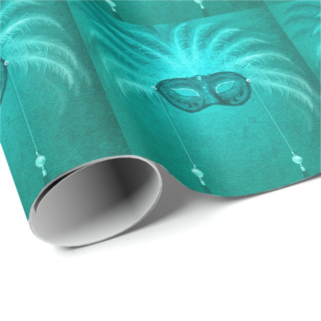Feather masquerade mask elegant vintage teal wrapping paper (Roll Corner)