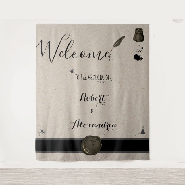 Feather Pen & Inkwell Welcome Wedding Tapestry (Front)