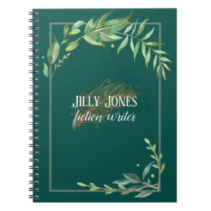 Feather Pen & Leafy Frame in Spruce Green Notebook
