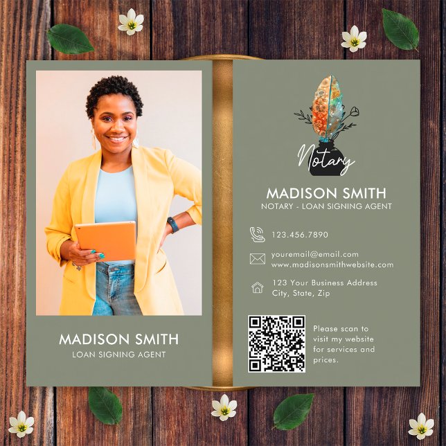 Feather Photo QR Code Notary Loan Signing Agent Business Card (Front and Back)
