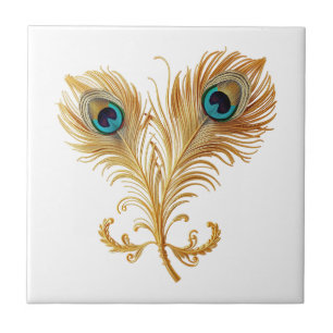Feather plume peacock bird gold teal luxury tile