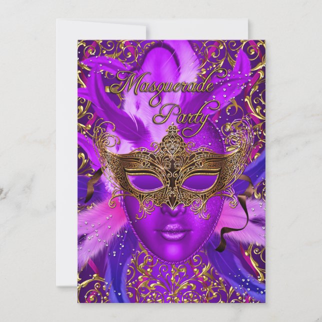 Feather Purple & Gold Mask Masquerade Party Invite (Front)