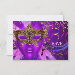 Feather Purple & Gold Mask Masquerade Party RSVP Card