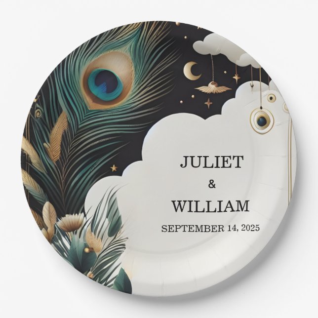 Feather Rustic Asian Sky Cloud Peacock Wedding Paper Plate (Front)