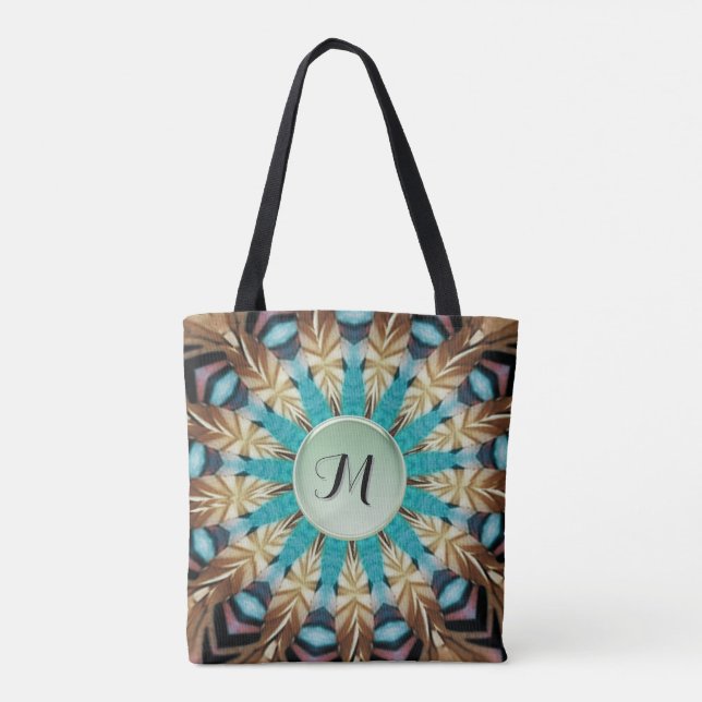 Feather Teal, brown, blue and Green Mandala Tote Bag (Back)
