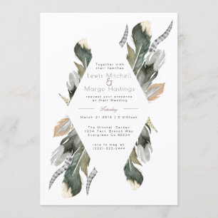 Feather Watercolor Diamond Overlay   Wedding Invitation