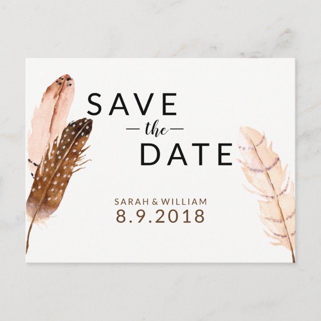 Feather Watercolor Save the Date Postcard (Front)