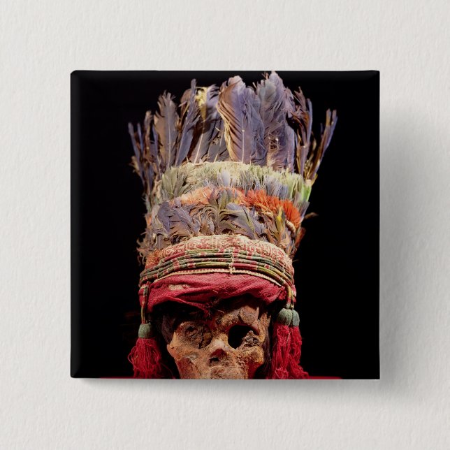 Feathered headdress on a skull, from Peru 2 Inch Square Button (Front)