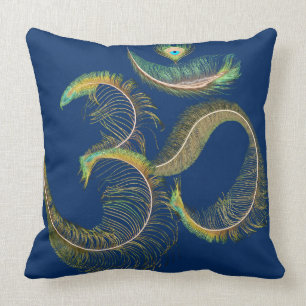 Feathered Om, Indian Peacock Tail. Throw Pillow
