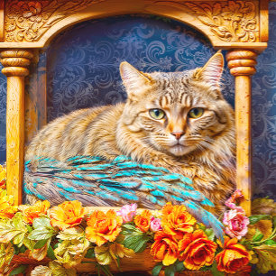 Feathered Tabby in Decorative Box and Flowers Jigsaw Puzzle