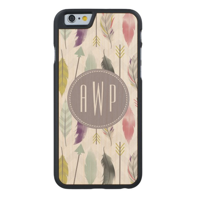 Feathers and Arrows Monogram Carved Wood iPhone Case (Back)