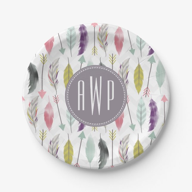 Feathers and Arrows Monogram Paper Plate (Front)
