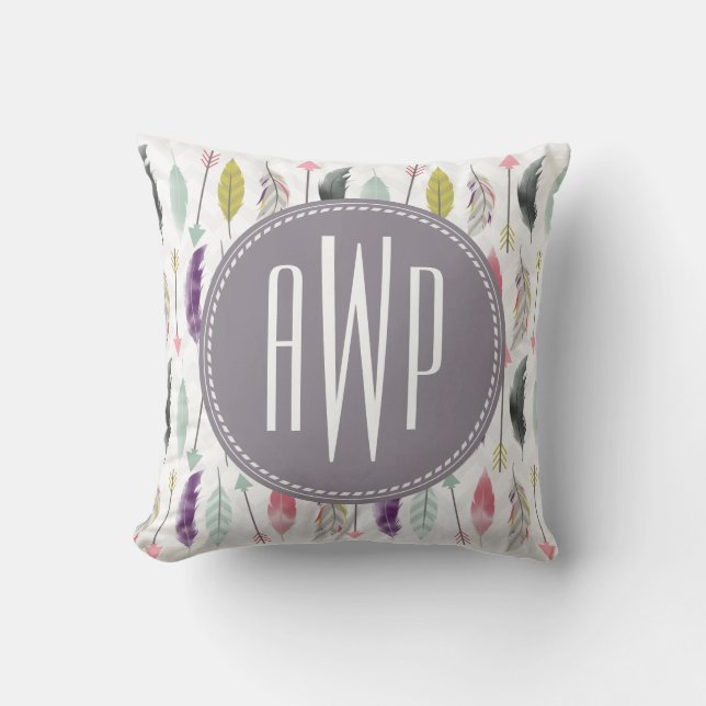 Feathers and Arrows Monogram Throw Pillow (Front)